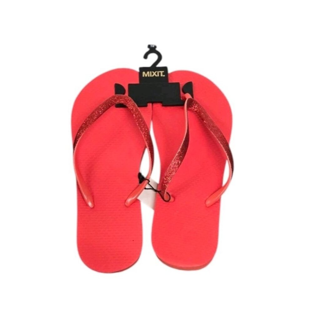MIXIT Womens  7/8 Flip Flops Sandals Red Glitter Summer Beach Pool